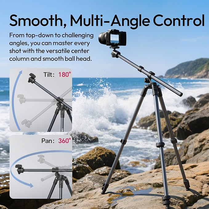 ULANZI TT59 Horizontal Overhead Photography Tripod, 68.9" Foldable Professional Camera Tripod Stand with Uka Quick Release Panoramic Ball Head for Mirrorless Camera/DSLR/Phone/Camcorder and All