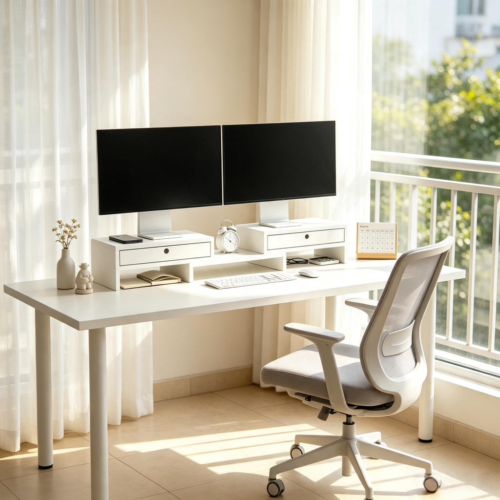 LAPTAIN Monitor Stand Riser, Adjustable Monitor Stand, 2 Drawers, White