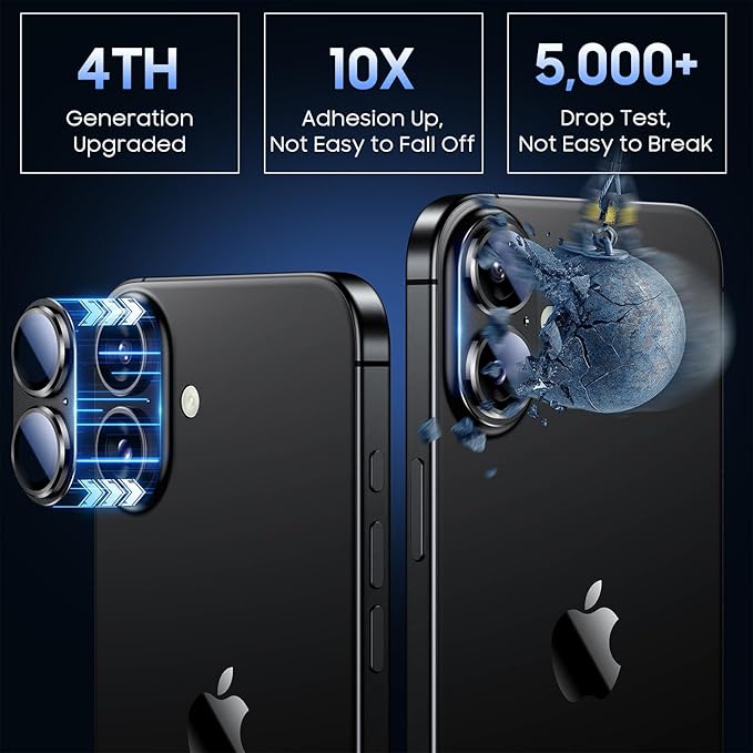 Uyiton Compatible with iPhone 16 / iPhone 16 Plus Camera Lens Protector - [Not Easy to Break][Strong Adsorption][Case-Friendly] Metal Tempered Glass Rear Camera Screen Cover - Black Titanium