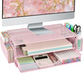 AUPSEN Computer Monitor Stands Riser，2-Tier Desk Organizers and Accessories, Office Desk Accessories Organizer with Drawers and 2 Pen Holder for Office Supplies (Pink)