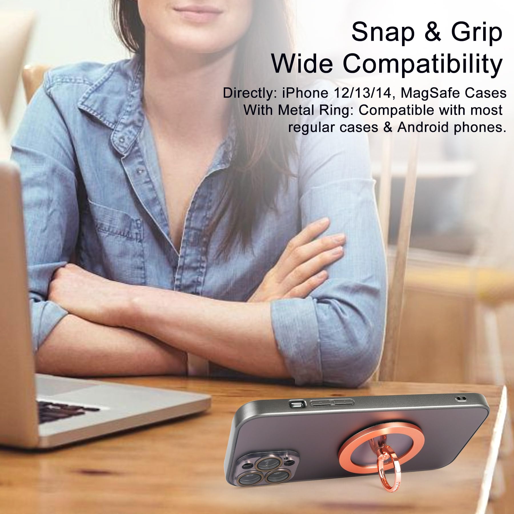 Magnetic Phone Grip for MagSafe, EI Sonador Magnet Phone Ring Holder, Removable, Compatible with iPhone 14 Plus 13 12 Pro Max Mini (Transparent Rose Gold Diamond)