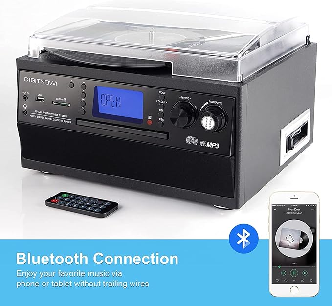 DIGITNOW Bluetooth Record Player Turntable with Stereo Speaker, LP Vinyl to MP3 Converter with CD, Cassette, Radio, Aux in and USB/SD Encoding, Remote Control, Audio Music Player Built in Amplifier