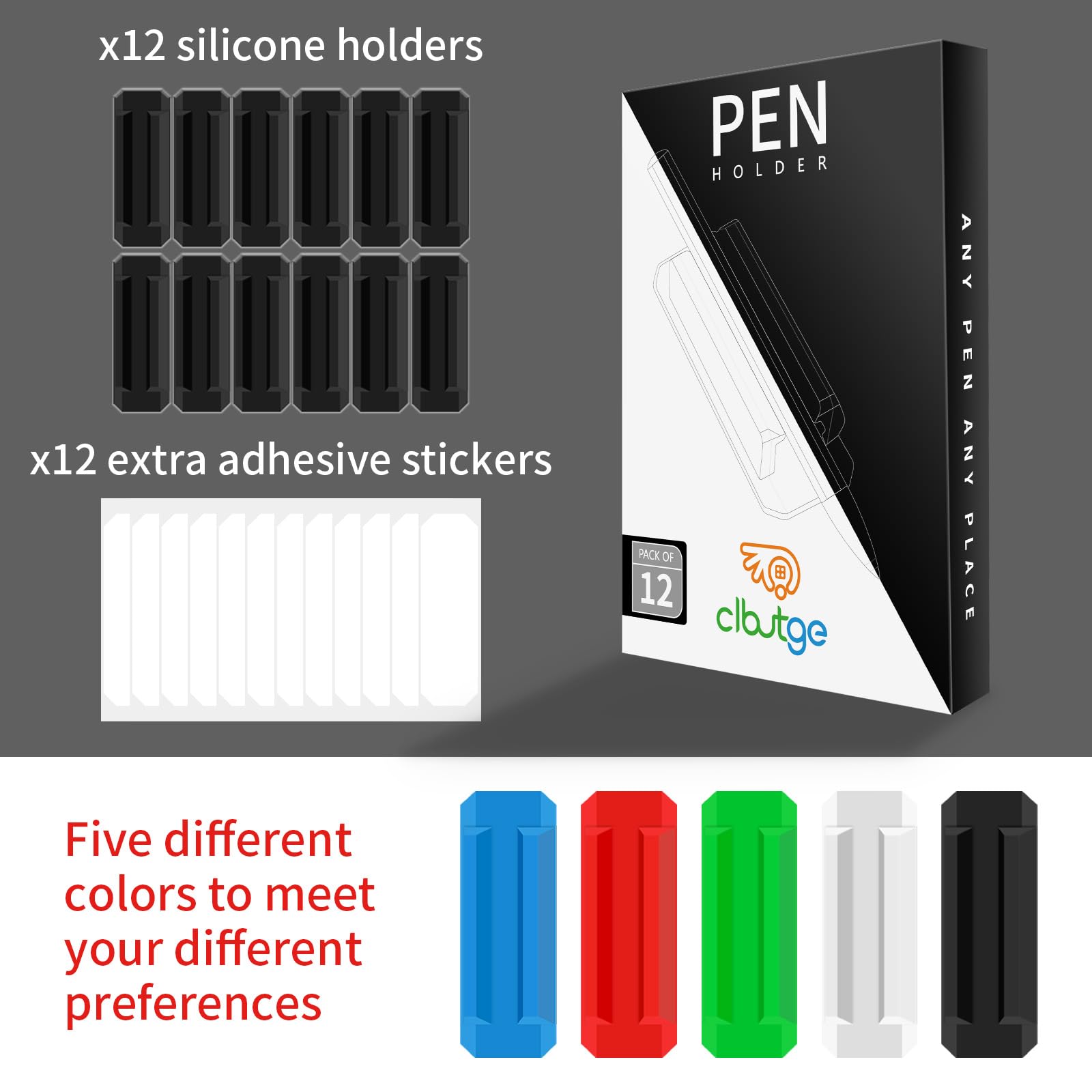 12 Pack Silicone Pen Holder/Pencil for Desk with 12 Extra Adhesive Stickers
