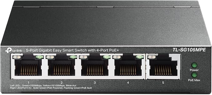 TP-Link TL-SG105MPE | Easy Smart Managed | 4 PoE+ Ports @120W, w/ 1 Uplink Gigabit Port | QoS, Vlan, IGMP & LAG | Fanless | PoE Auto Recovery | 3 Year Protection