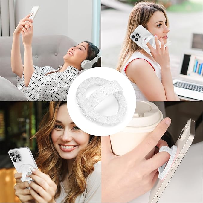 Magnetic Silicone Ring Grip Phone Holder, Loop Grip, Compatible with Magsafe for iPhone 12 Series (White sparkle)