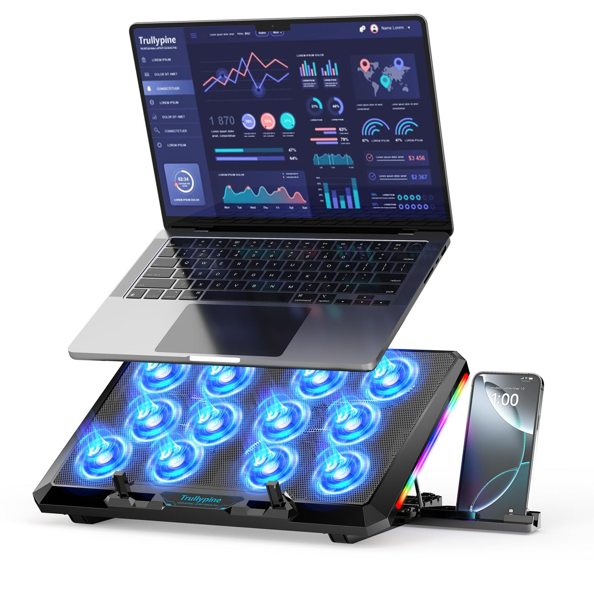 Trullypine Laptop Cooling Pad with 12 Quiet Fans, Slim Portable for 12-17.3 Inch Laptop Cooler Stand, RGB Lighting, with 5 Height Adjustable, Gaming Cooling Fan Pad,Two USB Ports, Phone Holder (LCD)