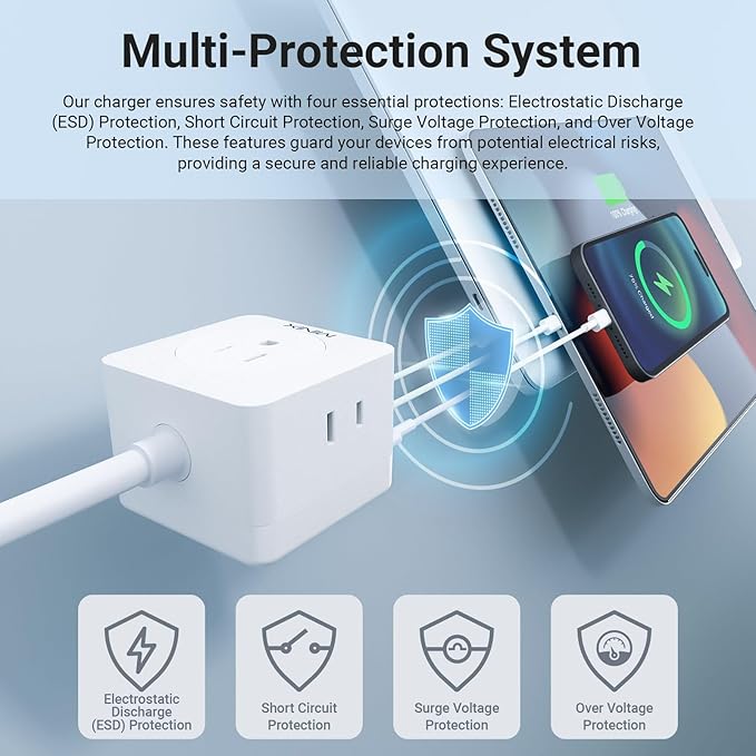 MINIX 67W USB C Charger with 3 Outlets, Gan 3-Port Compact Cube Fast Power Strip Surge Protection, 5ft Extension Cord, for MacBook Pro/Air, iPhone 15/14/Pro, Galaxy S23/S22, for Dorm, Home & Office