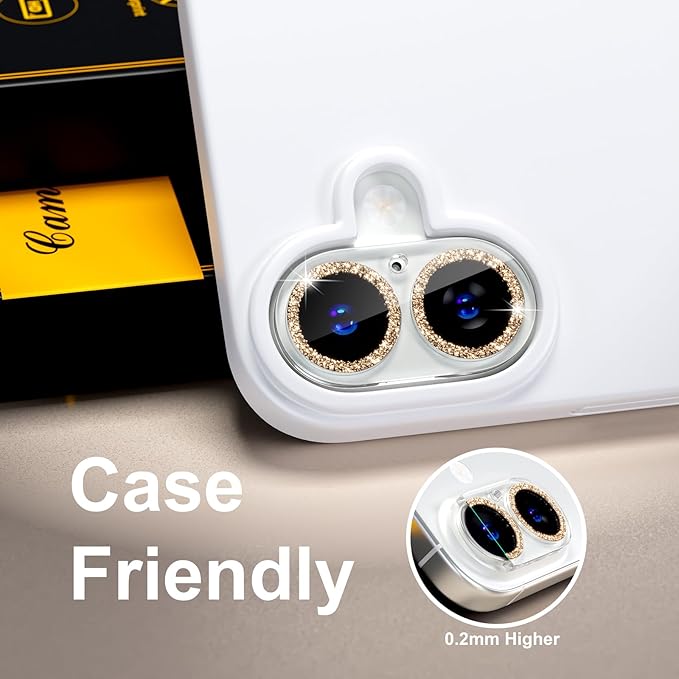beuxece for 6 Pack iPhone 16 / iPhone 16 Plus Camera Lens Protector [Drop Protection] [Case Friendly] [Easy Installation] 9H Tempered Glass Camera Screen Protector Cover Accessories, Glitter Gold