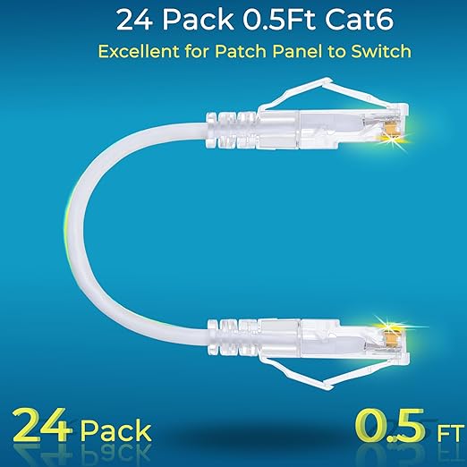 Rapink Patch Cables Cat6/ Cat6a 0.5ft (24 Pack) Slim, Cat6a Ethernet Patch Cable 10G Support, Snagless Cat 6 Patch Cable for Patch Panel to Switch, Flexiable Cat6 Ethernet Cable White