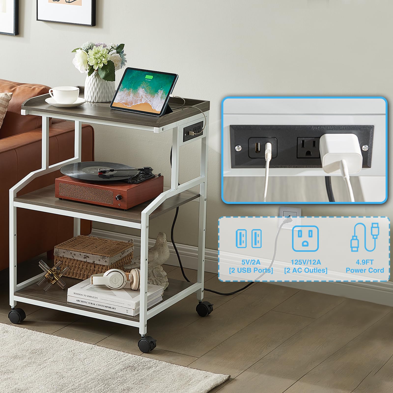 Lauren&Harold 34'' Printer Stand with Power Outlets & USB Ports Grey/White