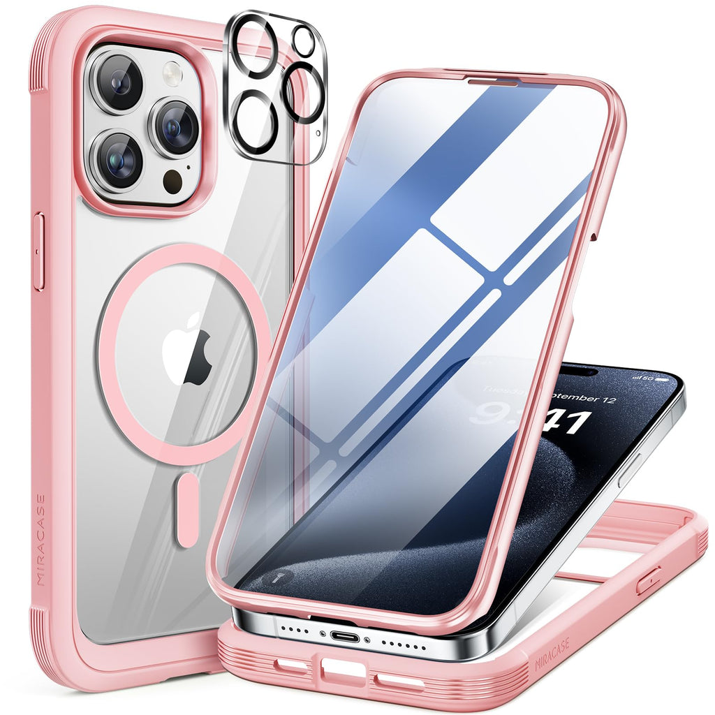 Miracase Magnetic for iPhone 15 Pro Max Case 6.7'' [Compatible with Magsafe] Full-Body Military Drop Proof for iPhone 15 ProMax Case with Built-in 9H Tempered Glass Screen Protector,Pink
