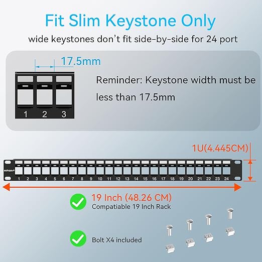 24 Port Blank Keystone Patch Panel with Snap-in Design (2 Pack), Cat6 Network Patch Panel 1U 19 inch, Rack Mount Ethernet Patch Panel (for Slim Keystone Only)