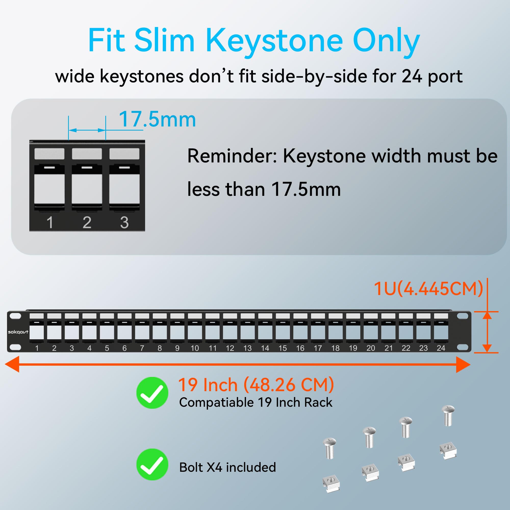 Sokqovt 24 Port Blank Keystone Patch Panel with Snap-in Design, Cat6 Network Patch Panel 1U 19 inch, Rack Mount Ethernet Patch Panel (for Slim Keystone Only)