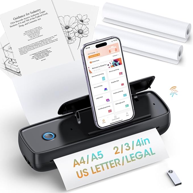 Portable Printer Wireless for Travel，Bluetooth Thermal Printer Support 8.5" X 11" US Letter &Legal, A4&A5 Thermal Paper, Inkless Compatible with iOS, Android & Laptop for Office Car Home