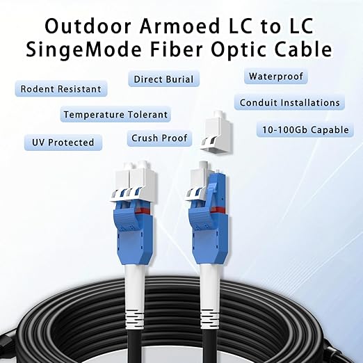 1000M/3281FT LC to LC Armored Outdoor Fiber Optic Cable, Single Mode Duplex 9/125μm SMF Fiber Patch Cord, OS1/OS2 Compatible, Black LSZH Jacket, Uniboot Jumper for FTTH, Data Center, Long-Distance Use