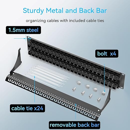 Patch Panel 48 Port Cat6 with Coupler Keystone, Cat6 Network Patch Panel 10G No Punch Down, Time-Saver Ethernet 2U Rj45 Panel with Sturdy Back Bar, 19 Inch Coupler Network Panel