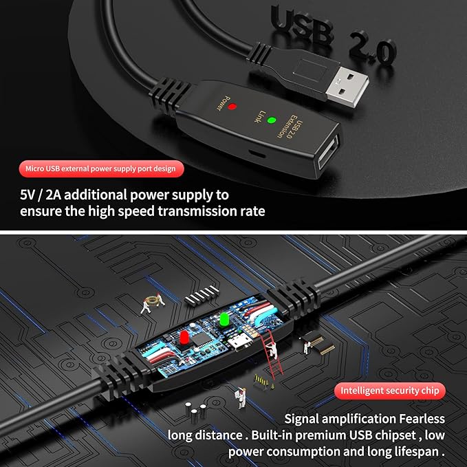 LDKCOK 50FT Active USB Extension Cable 2.0 Male to Female with A Extension chipset Signal Booster - Active Extension/Repeate