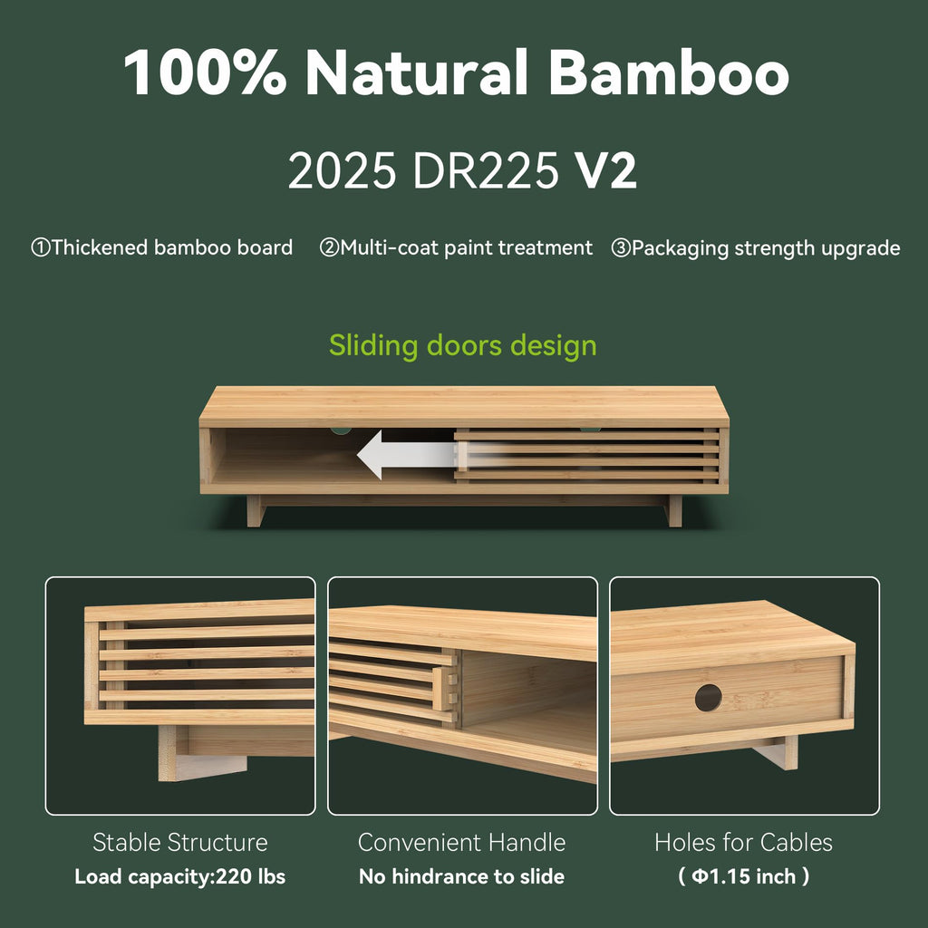 WELL WENG 25" Monitor Stand with Sliding Doors Desk Shelf Bamboo