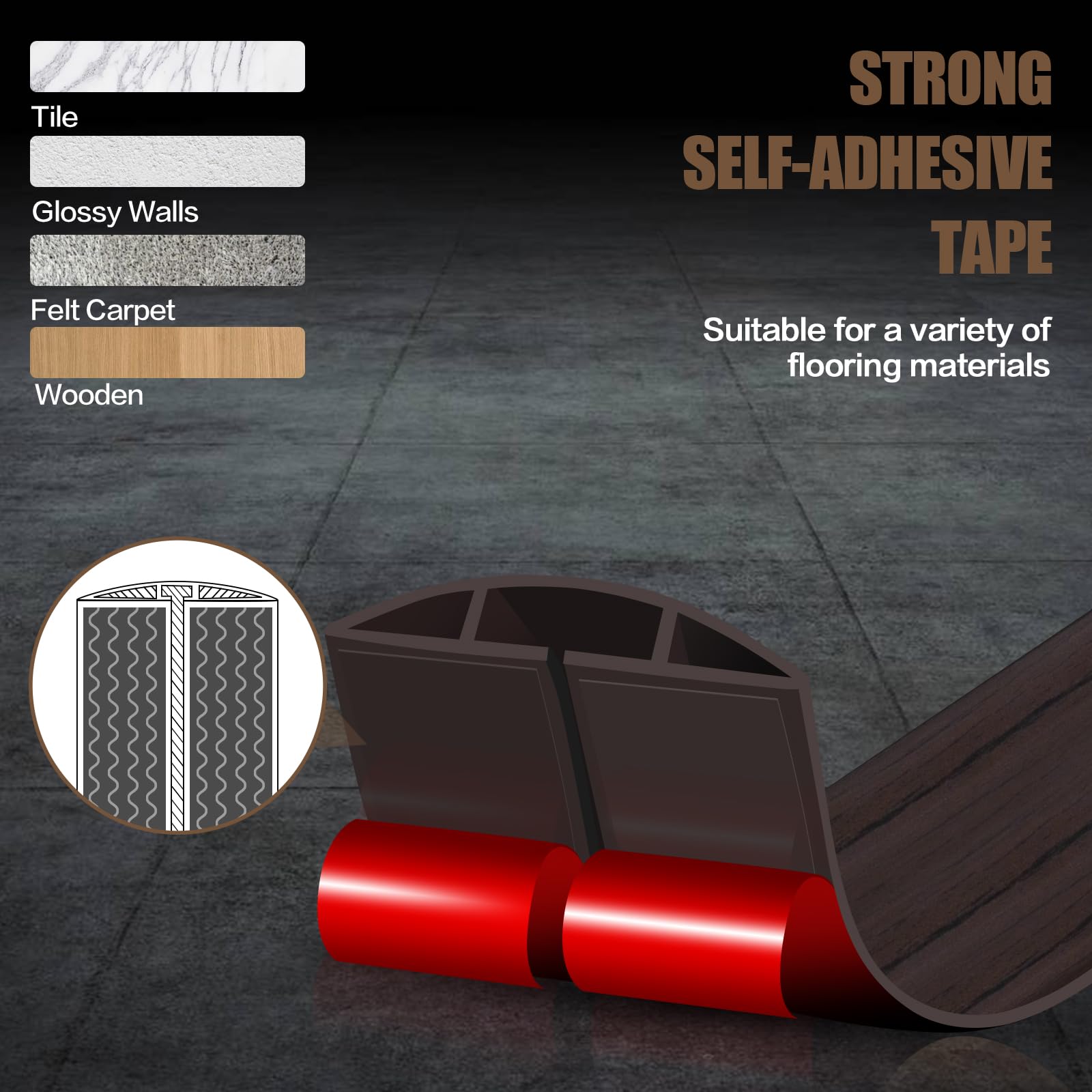 Floor Cord Cover Cavity 0.8"x0.37" Self Adhesive Cord Hider, 10FT Low Profile Cable Management, Extension Strip Protector for Wires, Prevent Cable Trips for Offices, Gyms, Exhibitions（Black Wood）