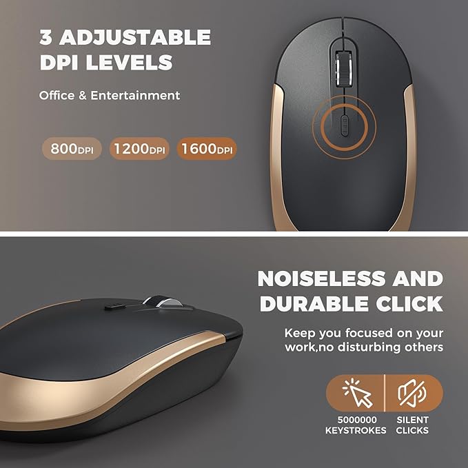 Wireless Keyboard and Mouse, Vssoplor 2.4GHz Rechargeable Compact Quiet Full-Size Keyboard and Mouse Combo with Nano USB Receiver for Windows, Laptop, PC, Notebook-Black Gold