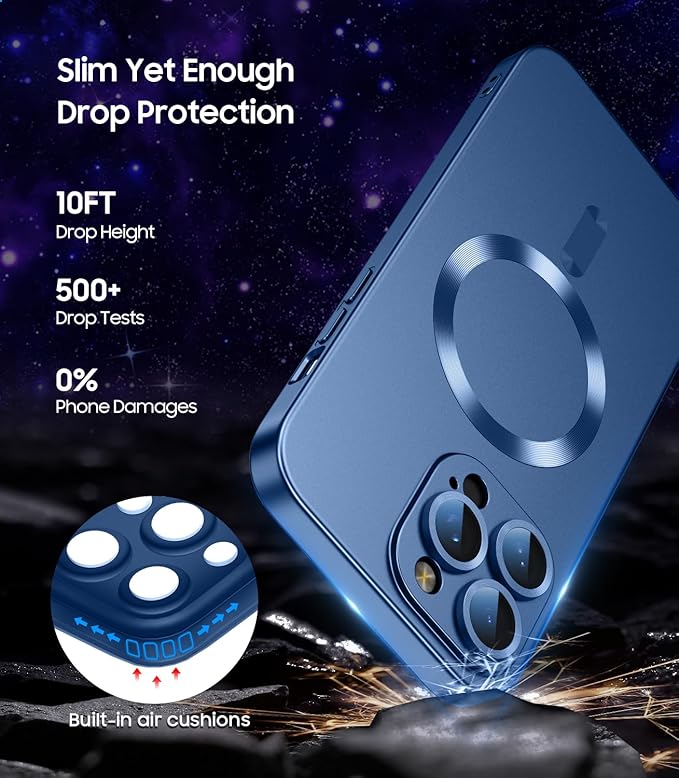 Magnetic for iPhone 15 Pro Max Case [Compatible with MagSafe][Built-in Camera Lens Protector] Slim Soft Silicone Bumper Shockproof Metallic Luster Phone Case (Blue)