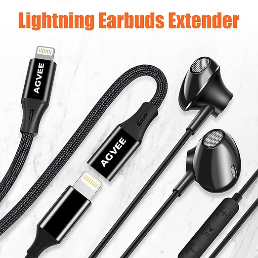 AGVEE 2 Pack 1ft Lightning Extension Cable, Braided Female to Male Extender Full Function Cord Compatible with iPhone iPad, Data Sync Video Audio & Charging Connector Adapter, Black