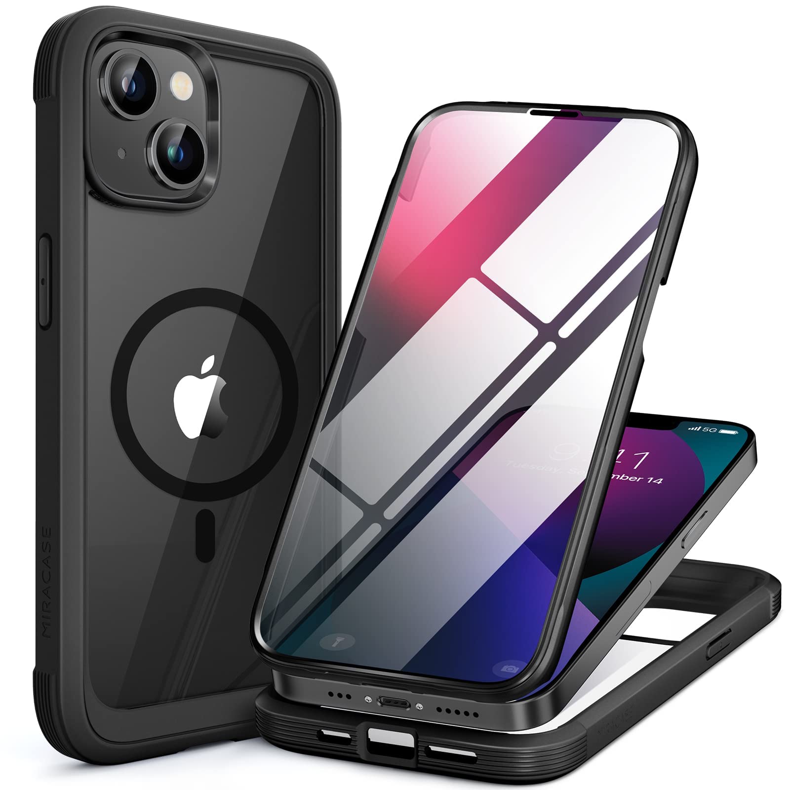 Miracase for iPhone 13 mini Case 5.4",Full-Body Protection,Clear Bumper Case with Built-in 9H Tempered Glass Screen Protector,Military-Grade Drop Protection Outdoor Phone Case for iPhone 13 mini,Black