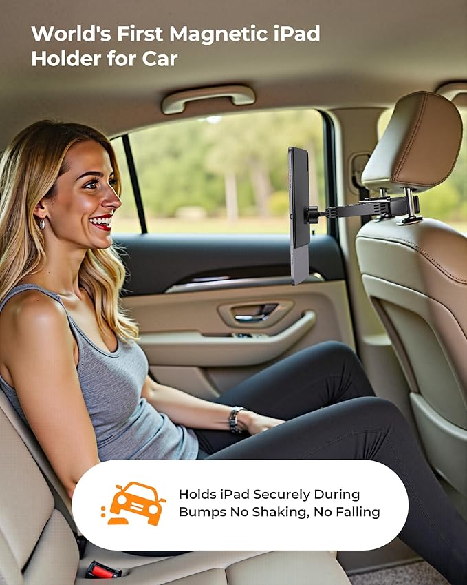 KU XIU Magnetic iPad Holder for Car Headrest,Backseat Tablet Car Mount for for iPad Pro 12.9, iPad Air 13 M2/M3, Road Trip Essentials for Kids, Tablet Car Holder for iPad Pro 12.9 3rd/4th/5th/6th
