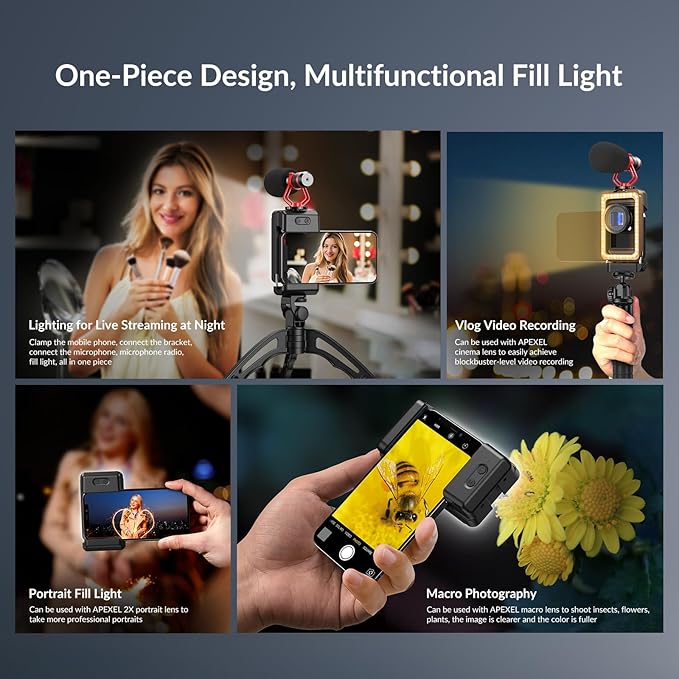 APEXEL 17mm+37mm Thread Adapter with LED Fill Light, One-Piece Phone Adapter for Android/iPhone, Attachments for Macro/Wide Angle/Fisheye/Flow/Radial/Star Filter/Kaleidoscope Lens
