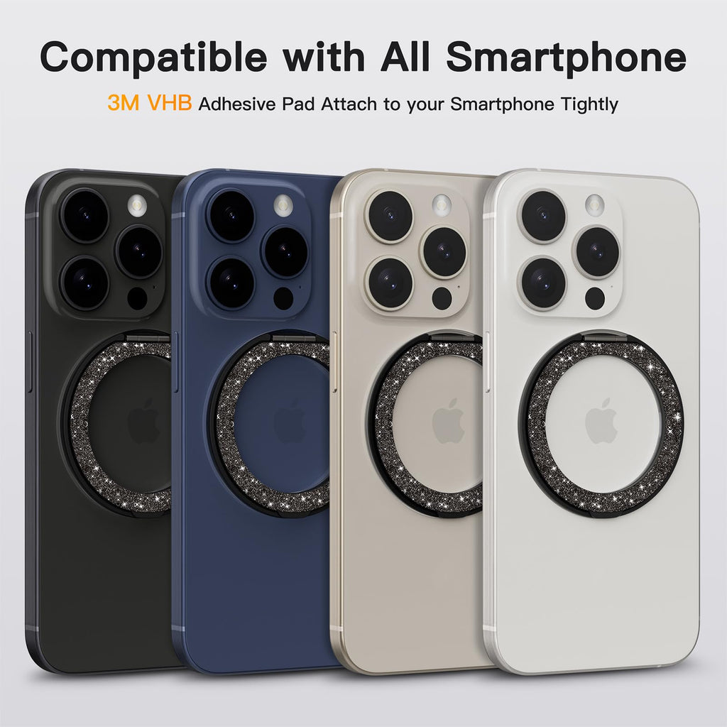 COOLQO 2Pcs 360 Spin Cell Grip Ring Phone Stand [Upgrade Gear Hinge Stress Relief] Magnetic Holders for Your car Accessories Desk Mount Compatible with iPhone All Smartphone, Glitter Black