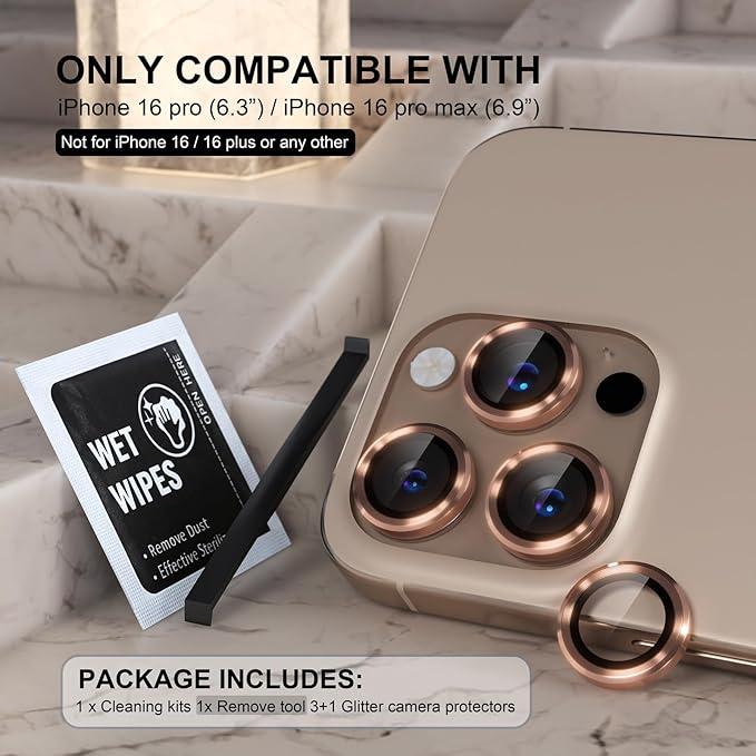 Choiche Compatible for iPhone 16 Pro/iPhone 16 Pro Max Camera Lens Protector, 9H Tempered Glass Camera Cover Screen Protector Metal Ring Decoration Accessories(Titanium Desert)