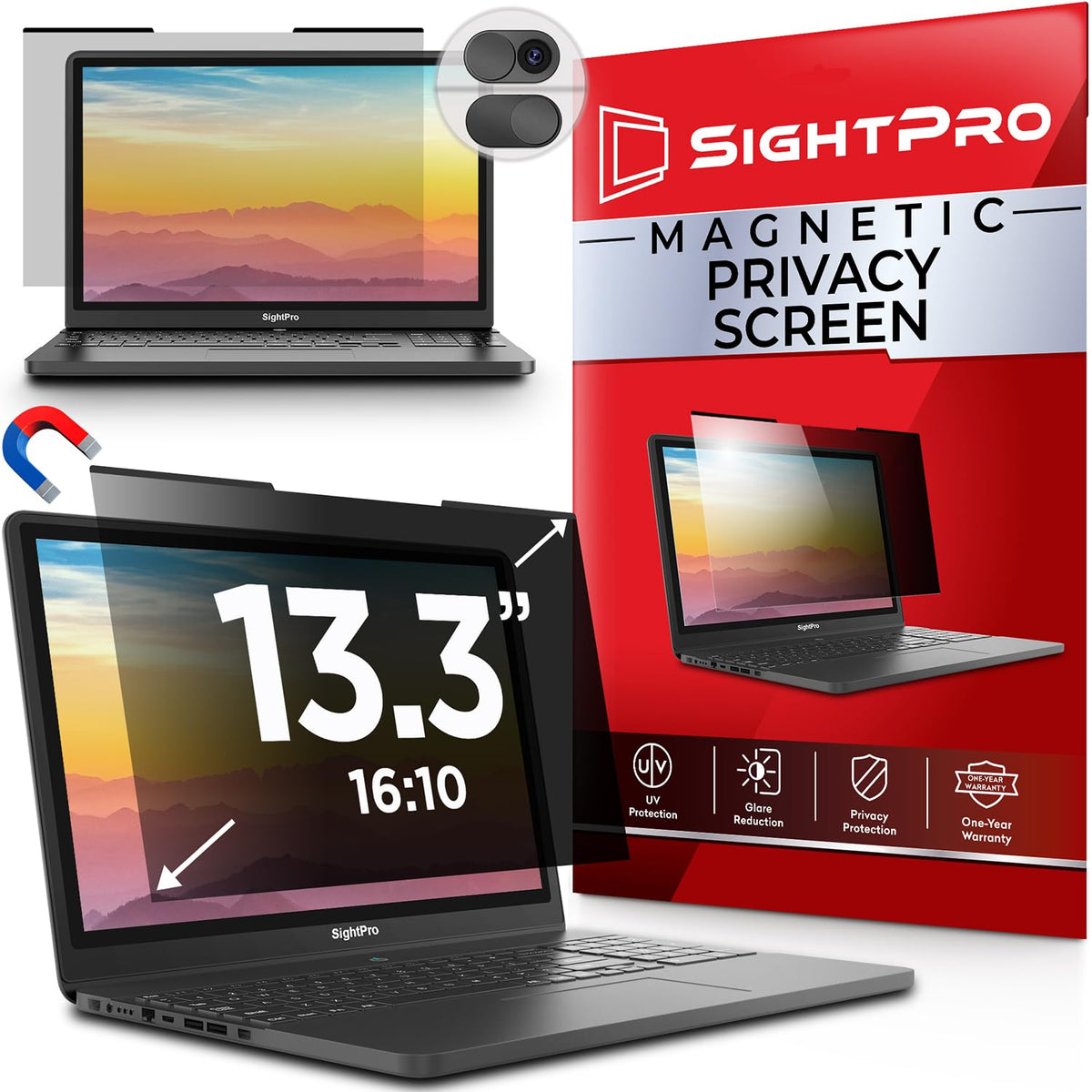 SightPro Magnetic Laptop Privacy Screen 13.3 Inch 16:9 - Patented Removable Laptop Privacy Filter Shield and Protector