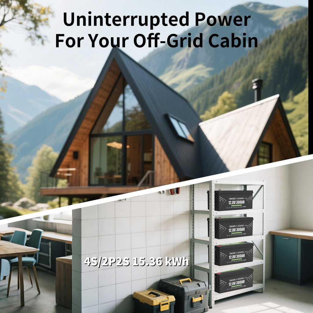 OKMO 12V 300Ah LiFePO4 Lithium Battery With Bluetooth Built-in 150A BMS Low-Temp Protection for RV, Solar/Off-Grid Applications, Home Energy Storage, Marine