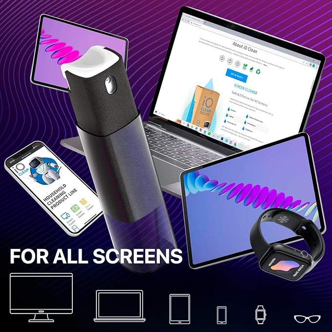 Mini Screen Cleaner Spray – Finger Proof Screen Cleaner for Smartphones, iPads, MacBooks, Laptops, Car Screens, Touchscreens – 3in1 Mist Cleaner, Microfiber Cloth and Protective Cover (Green)