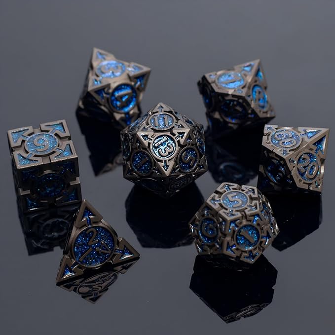 Blue Black Nickel Finish Heavy Metal DND Dice Set (Wizard) with A Metal Box, Sharp Edge Zinc Alloy D&D Accessories, D4-D20, Designed for Dungeons & Dragons Master, RPG Player, Starter