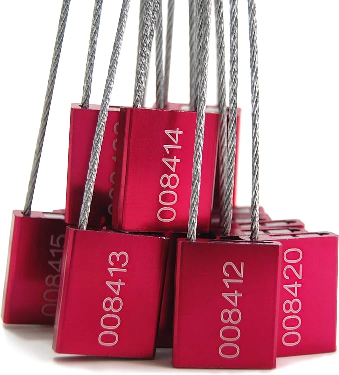 Leadseals(R) 1000 Red Steel Cable Seals Metal Security Tag Numbered Truck Trailer Seal Anti-Tamper Pull-Tite Security Seal Aluminum Body Transport Shipping Seal Self-Locking Safety Ties ISO 17712