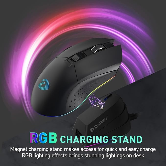 DAREU EM901X Wireless Gaming Mouse with Charging Dock Rechargeable RGB,12K DPI,7 Programmable Buttons High-Precision Sensor [300IPS] [1000Hz] for PC Notebook Mac