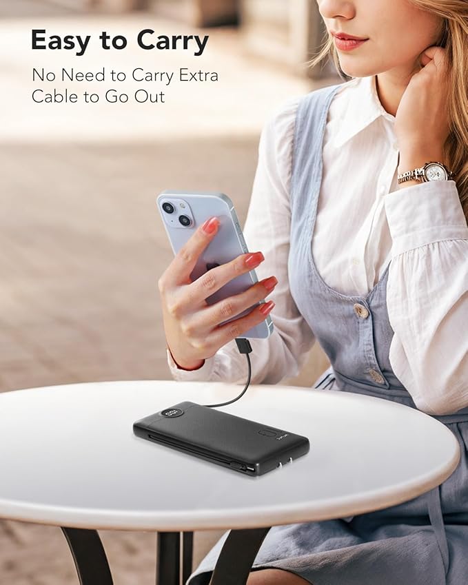 VRURC Portable Charger Built-in Cables and AC Wall Plug, USB C Power Bank 10000mAh, Travel Essentials Phone Charger Compact Lightweight External Battery Pack for Smart Phones, Tablets-Pure Black
