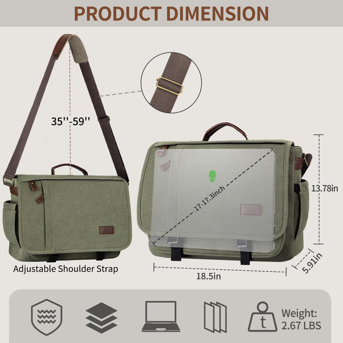 ESTARER 13-14 Inch Laptop Messenger Bag Water-Resistant Canvas Shoulder Bag for Business College, Grey