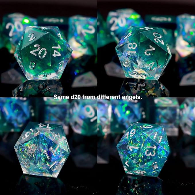 Haxtec DND Dice Set Sharp Edge Resin Dice Iridecent Inclusion with Dice Case Green D&D Dice for RPG Role Playing Games Compatible with Dungeons and Dragons Gift Galaxy Series