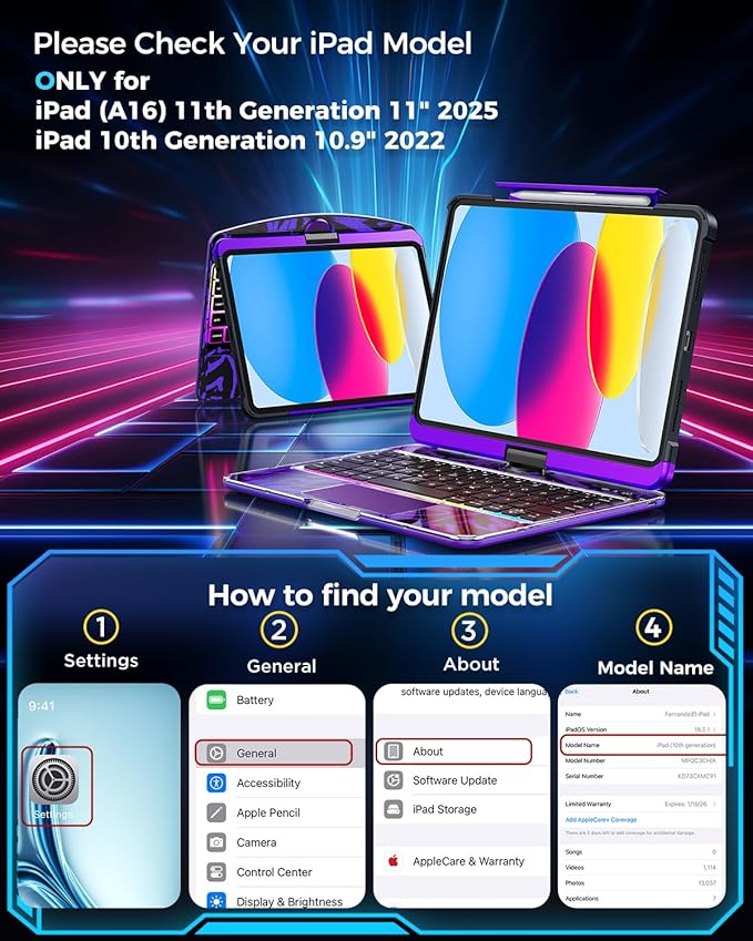 SIBEITU Keyboard Case for iPad A16 11th Gen 11" 2025 & 10th Gen 10.9" 2022, Clear Wireless Keyboard Protective Cover with Multi-Touch Trackpad, 7-Color Backlight & 3-Brightness, 360 Rotatable, Purple