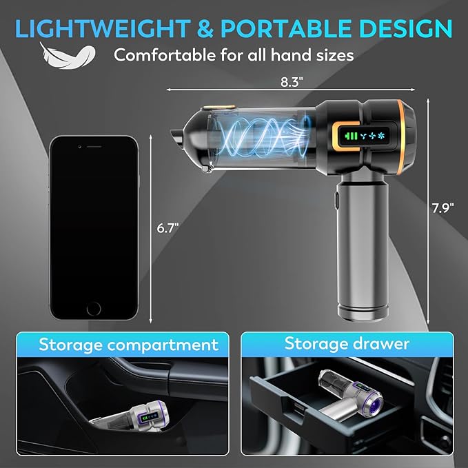 KedeeSparkle Car Vacuum Cleaner Cordless, 22000PA High Power Portable Handheld Vacuum & Compressed Air Duster, Mini Vacuum with LED Display, 3 Modes Brushless Motor for Car, Home, Office, Camping