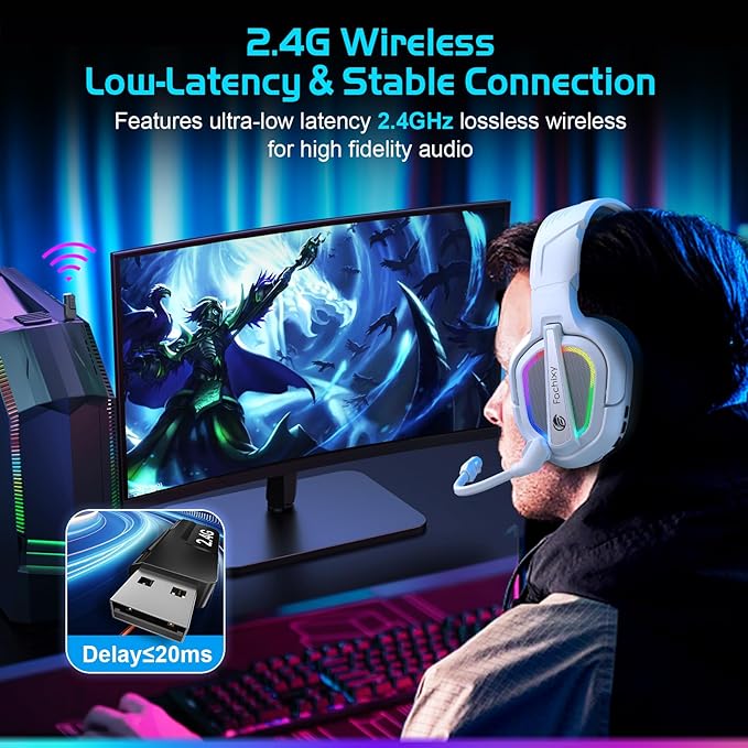 FC200 Wireless Gaming Headset for PS5, PS4-2.4GHz USB Foldable Headphones with Mic - 3D Stereo Bluetooth Headset with 50Hrs Battery Life, for Switch, PC, Mac, Mobile