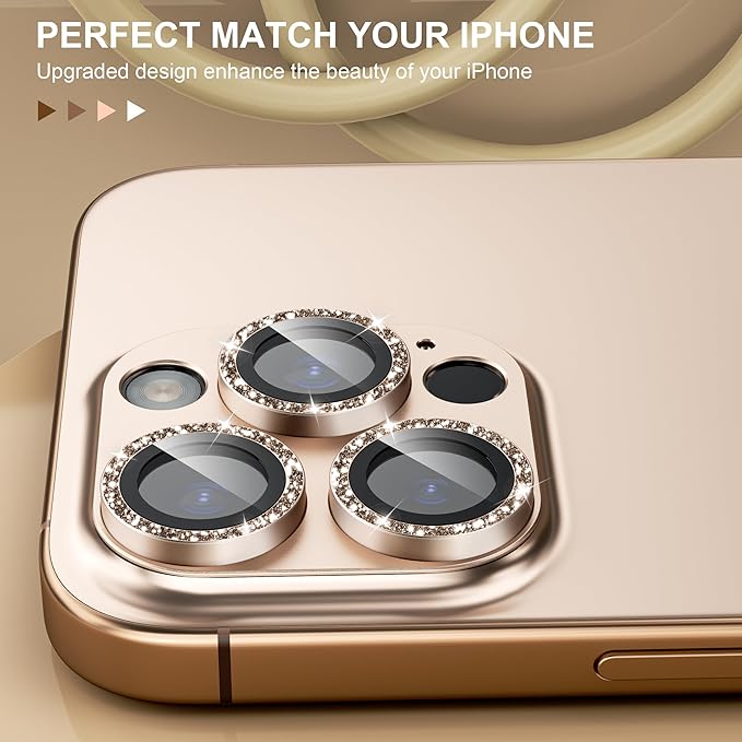beuxece Compatible for iPhone 16 Pro/iPhone 16 Pro Max Camera Lens Protector, Bling Metal Tempered Glass Camera Screen Cover Accessories [Strong Adsorption][Case-Friendly]- Glitter Titanium Desert