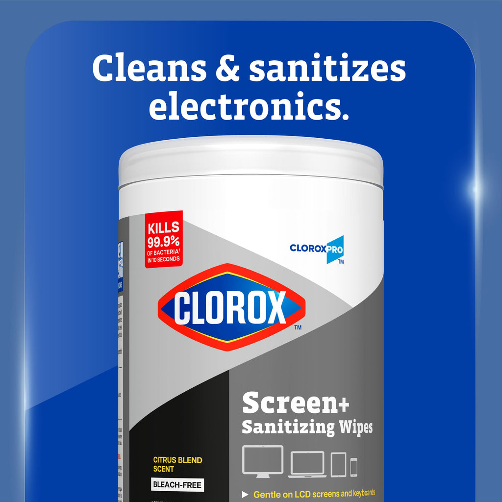 CloroxPro Clorox Screen+ Sanitizing Wipes, Disinfecting Wipes for Electronics, Gentle on Phones, Tablets, LCD Screens, Laptops and Sensitive Surfaces, Citrus Blend Scent, 1 Canister, 75 Wipes, 6 Pack