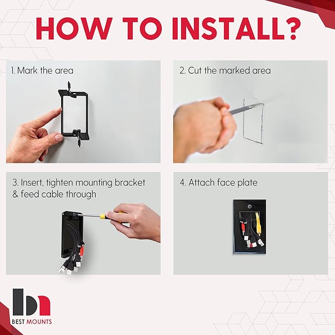 2 Pack Wall Plate Cable Pass Through with Bracket - In Wall Cable Management Kit - Recessed Cable Wall Plate Pair with Single Gang Low Voltage Mounting Bracket - Decorator Cover for Low Voltage Cables