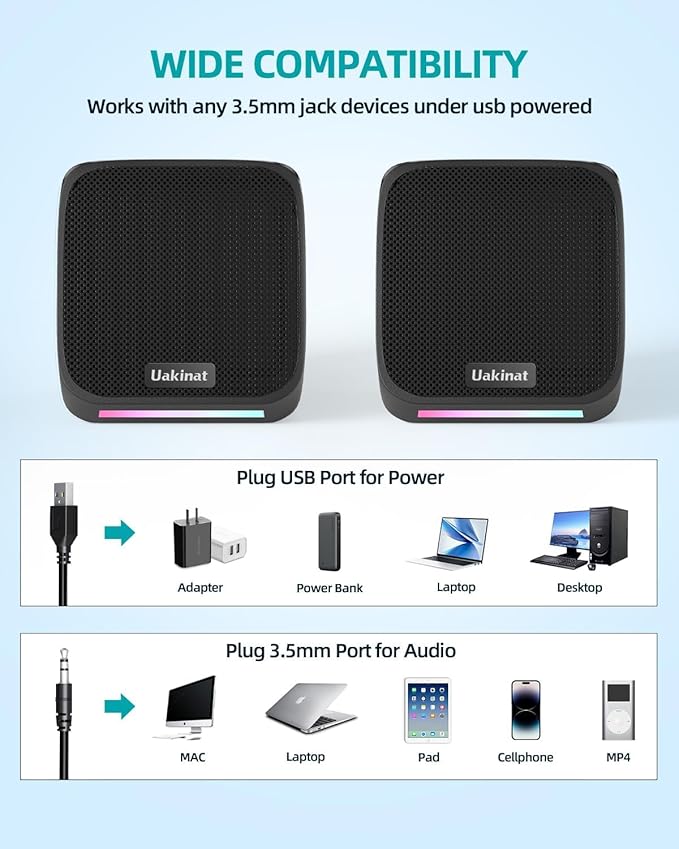 Computer Speakers with Colorful RGB Lights, USB Powered 3.5mm Aux- in Mini PC Speakers, Small Computer Speakers USB Powered 3.5mm Aux Speaker for PC,Laptop,Tablet,Phone