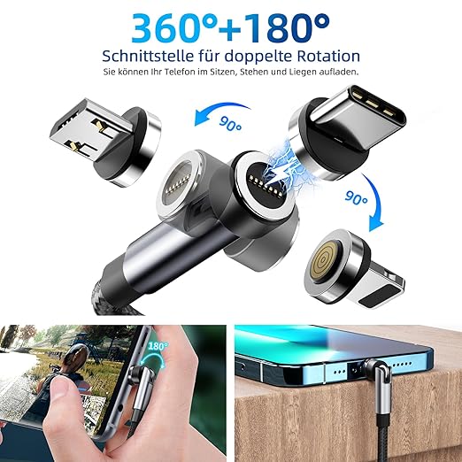 540° Rotation Magnetic Charging Cable, 3 in 1 Magnetic Phone Charger [4-Pack, 3ft/3ft/6ft/10ft] 3A Fast Charging Cable Support Data Transfer USB Magnet Charger Cable for i-P/Micro USB/Type C Device