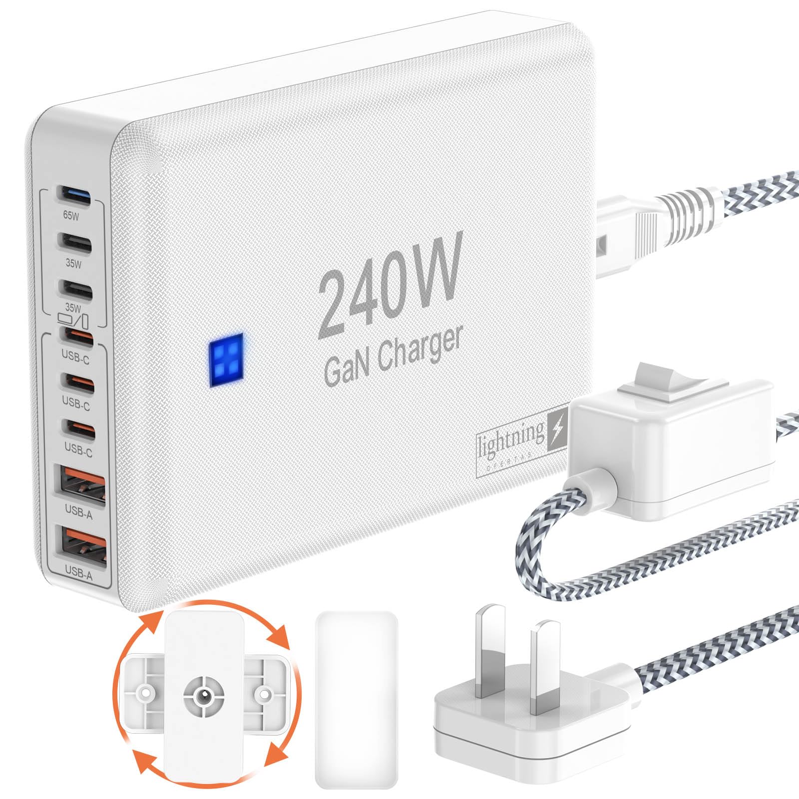 USB C Charger Block 240W, 8-Port Charging Station for iPhone/Ipad/MacBook, 6C2A PD GaN Charger Box, USB Tower Hub with Flat Plug, Travel Essentials