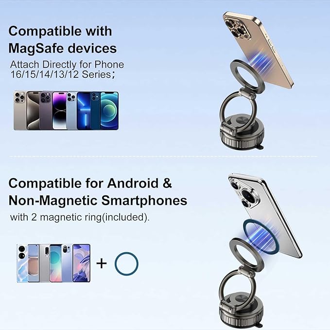 Kairiyard Vacuum Magnetic Phone Holders for Your Car, 360° Adjustable Ultra Magnet Suction Car Phone Holder Mount Foldable Cars Phone Stand Compatible with MagSafe iPhone All Smartphones
